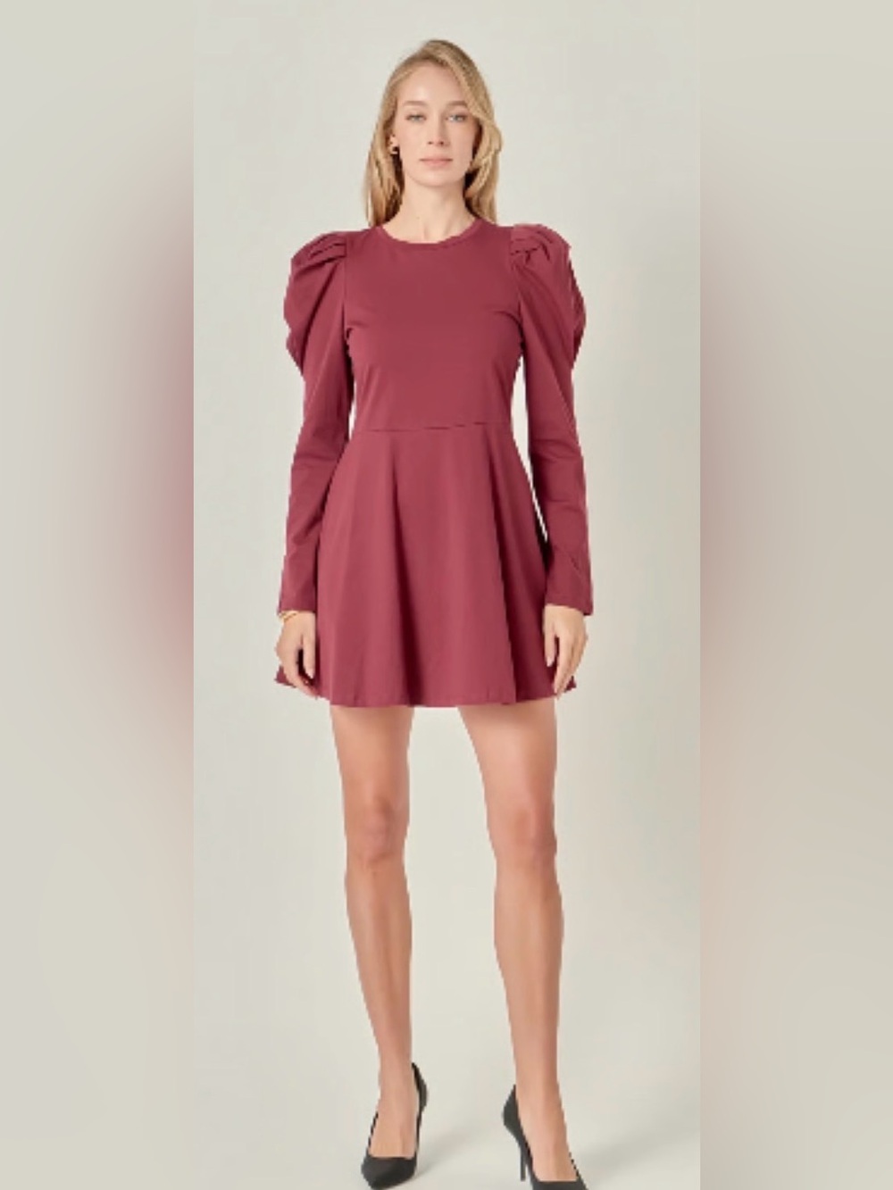 English Factory Long Sleeve Puff Shoulder Dress Top - Burgundy